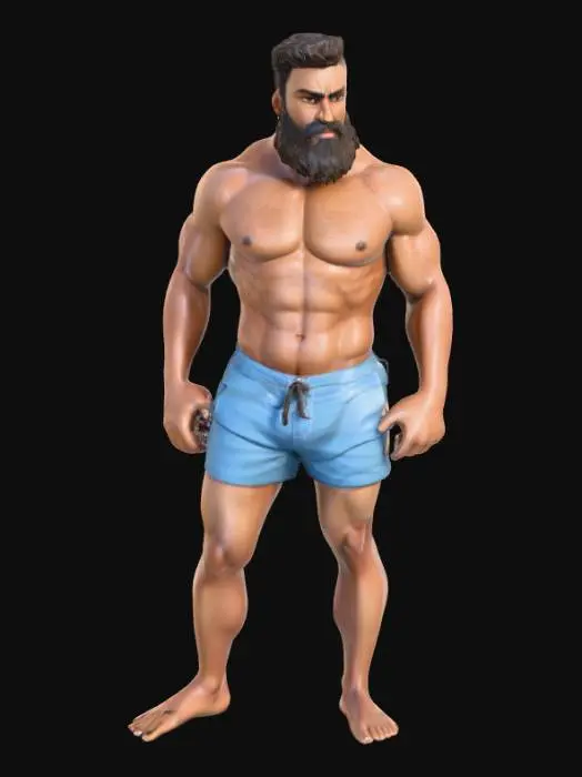 3D model for Ein sehr muskulöser, athletischer Mann mit dunkler Haut und einem vollen Bart, der eine blaue Badehose trägt. Er steht auf einem Sandstrand, mit dem Ozean und Wellen im Hintergrund. Der Himmel ist hellblau mit ein paar Wolken, und die Sonne scheint. Der Mann hat eine ernsthafte, selbstbewusste Haltung und einen definierten Körperbau. Realistisch, 3D-Modell, detaillierte Texturen., #PBR#
