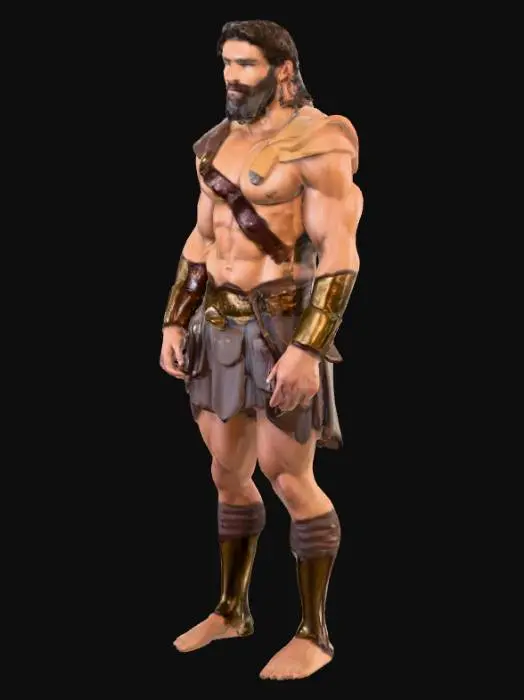 3D model for Object: Greek mythological hero Hercules, muscular male nude warrior
Material: Human skin with bronze and leather armor elements
Shape/Form: Broad shoulders, thick arms and legs, strong torso, heroic body proportions
Color Scheme: Natural skin tones, bronze armor, dark brown leather straps,  Details: Slightly hairy chest and arms, rough leather straps, polished bronze armor, weathered fabric
Style: Realistic with classical sculpture influence
Environment/Use Context: Standing in a Greek temple or battlefield setting
Reference Models: Inspired by ancient Greek statues of Heracles, muscular heroic physique similar to classical sculptures
