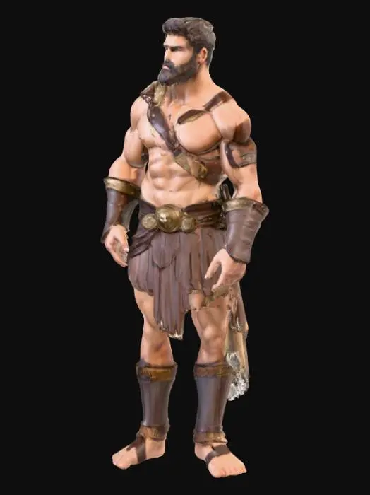 3D model for Object: Greek mythological hero Hercules, muscular male nude warrior
Material: Human skin with bronze and leather armor elements
Shape/Form: Broad shoulders, thick arms and legs, strong torso, heroic body proportions
Color Scheme: Natural skin tones, bronze armor, dark brown leather straps,  Details: Slightly hairy chest and arms, rough leather straps, polished bronze armor, weathered fabric
Style: Realistic with classical sculpture influence
Environment/Use Context: Standing in a Greek temple or battlefield setting
Reference Models: Inspired by ancient Greek statues of Heracles, muscular heroic physique similar to classical sculptures
