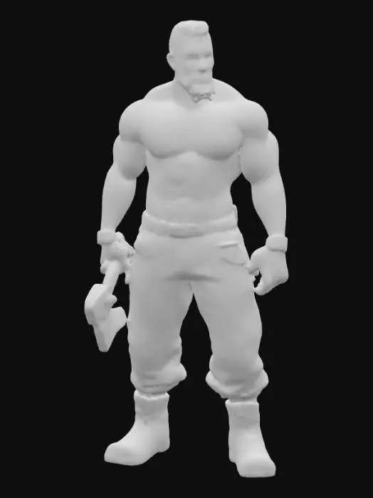 3D model for Object: muscular male woodcutter character, human figure
Material: realistic human skin, coarse fabric shirt (open), rugged leather boots, durable fabric pants
Shape/Form: very muscular, broad chest, strong arms, thick legs, average height
Color Scheme: tanned skin, faded plaid or denim shirt, dark tight work pants, worn brown or black boots
Texture Details: very hairy chest and arms, beard with short scruff, sweaty skin sheen, dirt and wood dust on pants, scuffed boots, slightly frayed shirt edges
Style: realistic PBR
Environment/Use Context: chopping wood in a forest setting, holding or swinging an axe, surrounded by logs
Facial Expression/Pose: intense working expression or determined smile, open shirt exposing hairy chest, strong grip on axe, sweat visible on forehead and chest