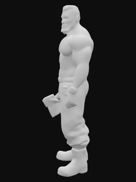 3D model for Object: muscular male woodcutter character, human figure
Material: realistic human skin, coarse fabric shirt (open), rugged leather boots, durable fabric pants
Shape/Form: very muscular, broad chest, strong arms, thick legs, average height
Color Scheme: tanned skin, faded plaid or denim shirt, dark tight work pants, worn brown or black boots
Texture Details: very hairy chest and arms, beard with short scruff, sweaty skin sheen, dirt and wood dust on pants, scuffed boots, slightly frayed shirt edges
Style: realistic PBR
Environment/Use Context: chopping wood in a forest setting, holding or swinging an axe, surrounded by logs
Facial Expression/Pose: intense working expression or determined smile, open shirt exposing hairy chest, strong grip on axe, sweat visible on forehead and chest