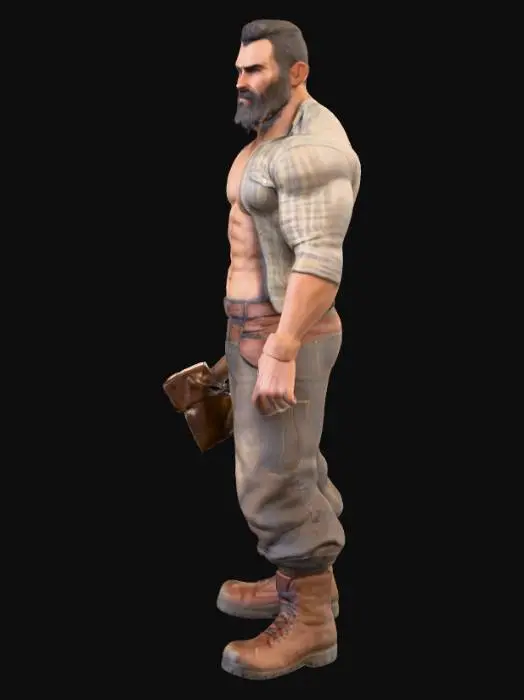 3D model for Object: muscular male woodcutter character, human figure
Material: realistic human skin, coarse fabric shirt (open), rugged leather boots, durable fabric pants
Shape/Form: very muscular, broad chest, strong arms, thick legs, average height
Color Scheme: tanned skin, faded plaid or denim shirt, dark tight work pants, worn brown or black boots
Texture Details: very hairy chest and arms, beard with short scruff, sweaty skin sheen, dirt and wood dust on pants, scuffed boots, slightly frayed shirt edges
Style: realistic PBR
Environment/Use Context: chopping wood in a forest setting, holding or swinging an axe, surrounded by logs
Facial Expression/Pose: intense working expression or determined smile, open shirt exposing hairy chest, strong grip on axe, sweat visible on forehead and chest