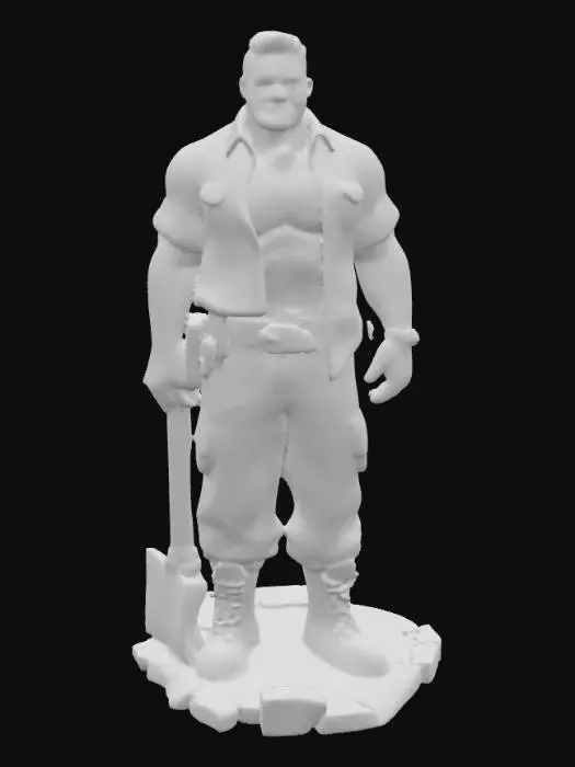 3D model for Object: muscular male woodcutter character, human figure
Material: realistic human skin, coarse fabric shirt (open), rugged leather boots, durable fabric pants
Shape/Form: very muscular, broad chest, strong arms, thick legs, average height
Color Scheme: tanned skin, faded plaid or denim shirt, dark tight work pants, worn brown or black boots
Texture Details: very hairy chest and arms, beard with short scruff, sweaty skin sheen, dirt and wood dust on pants, scuffed boots, slightly frayed shirt edges
Style: realistic PBR
Environment/Use Context: chopping wood in a forest setting, holding or swinging an axe, surrounded by logs
Facial Expression/Pose: intense working expression or determined smile, open shirt exposing hairy chest, strong grip on axe, sweat visible on forehead and chest