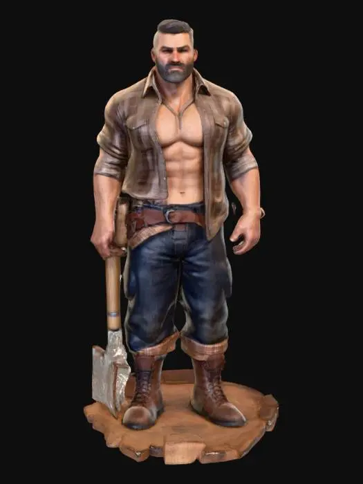 3D model for Object: muscular male woodcutter character, human figure
Material: realistic human skin, coarse fabric shirt (open), rugged leather boots, durable fabric pants
Shape/Form: very muscular, broad chest, strong arms, thick legs, average height
Color Scheme: tanned skin, faded plaid or denim shirt, dark tight work pants, worn brown or black boots
Texture Details: very hairy chest and arms, beard with short scruff, sweaty skin sheen, dirt and wood dust on pants, scuffed boots, slightly frayed shirt edges
Style: realistic PBR
Environment/Use Context: chopping wood in a forest setting, holding or swinging an axe, surrounded by logs
Facial Expression/Pose: intense working expression or determined smile, open shirt exposing hairy chest, strong grip on axe, sweat visible on forehead and chest