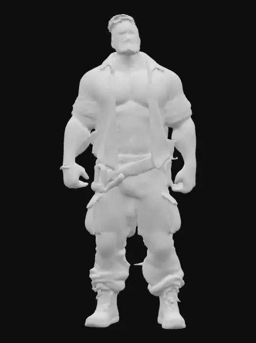 3D model for Object: muscular male woodcutter character, human figure
Material: realistic human skin, coarse fabric shirt (open), rugged leather boots, durable fabric pants
Shape/Form: very muscular, broad chest, strong arms, thick legs, average height
Color Scheme: tanned skin, faded plaid or denim shirt, dark tight work pants, worn brown or black boots
Texture Details: very hairy chest and arms, beard with short scruff, sweaty skin sheen, dirt and wood dust on pants, scuffed boots, slightly frayed shirt edges
Style: realistic PBR
Environment/Use Context: chopping wood in a forest setting, holding or swinging an axe, surrounded by logs
Facial Expression/Pose: intense working expression or determined smile, open shirt exposing hairy chest, strong grip on axe, sweat visible on forehead and chest