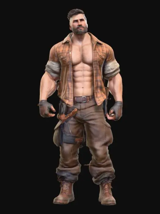3D model for Object: muscular male woodcutter character, human figure
Material: realistic human skin, coarse fabric shirt (open), rugged leather boots, durable fabric pants
Shape/Form: very muscular, broad chest, strong arms, thick legs, average height
Color Scheme: tanned skin, faded plaid or denim shirt, dark tight work pants, worn brown or black boots
Texture Details: very hairy chest and arms, beard with short scruff, sweaty skin sheen, dirt and wood dust on pants, scuffed boots, slightly frayed shirt edges
Style: realistic PBR
Environment/Use Context: chopping wood in a forest setting, holding or swinging an axe, surrounded by logs
Facial Expression/Pose: intense working expression or determined smile, open shirt exposing hairy chest, strong grip on axe, sweat visible on forehead and chest