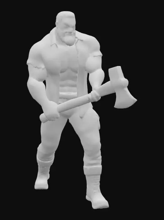 3D model for Object: muscular male woodcutter character, human figure
Material: realistic human skin, coarse fabric shirt (open), rugged leather boots, durable fabric pants
Shape/Form: very muscular, broad chest, strong arms, thick legs, average height
Color Scheme: tanned skin, faded plaid or denim shirt, dark tight work pants, worn brown or black boots
Texture Details: very hairy chest and arms, beard with short scruff, sweaty skin sheen, dirt and wood dust on pants, scuffed boots, slightly frayed shirt edges
Style: realistic PBR
Environment/Use Context: chopping wood in a forest setting, holding or swinging an axe, surrounded by logs
Facial Expression/Pose: intense working expression or determined smile, open shirt exposing hairy chest, strong grip on axe, sweat visible on forehead and chest