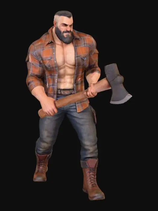 3D model for Object: muscular male woodcutter character, human figure
Material: realistic human skin, coarse fabric shirt (open), rugged leather boots, durable fabric pants
Shape/Form: very muscular, broad chest, strong arms, thick legs, average height
Color Scheme: tanned skin, faded plaid or denim shirt, dark tight work pants, worn brown or black boots
Texture Details: very hairy chest and arms, beard with short scruff, sweaty skin sheen, dirt and wood dust on pants, scuffed boots, slightly frayed shirt edges
Style: realistic PBR
Environment/Use Context: chopping wood in a forest setting, holding or swinging an axe, surrounded by logs
Facial Expression/Pose: intense working expression or determined smile, open shirt exposing hairy chest, strong grip on axe, sweat visible on forehead and chest