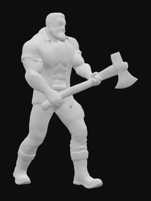 3D model for Object: muscular male woodcutter character, human figure
Material: realistic human skin, coarse fabric shirt (open), rugged leather boots, durable fabric pants
Shape/Form: very muscular, broad chest, strong arms, thick legs, average height
Color Scheme: tanned skin, faded plaid or denim shirt, dark tight work pants, worn brown or black boots
Texture Details: very hairy chest and arms, beard with short scruff, sweaty skin sheen, dirt and wood dust on pants, scuffed boots, slightly frayed shirt edges
Style: realistic PBR
Environment/Use Context: chopping wood in a forest setting, holding or swinging an axe, surrounded by logs
Facial Expression/Pose: intense working expression or determined smile, open shirt exposing hairy chest, strong grip on axe, sweat visible on forehead and chest
