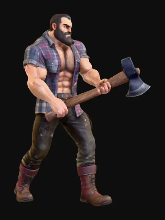 3D model for Object: muscular male woodcutter character, human figure
Material: realistic human skin, coarse fabric shirt (open), rugged leather boots, durable fabric pants
Shape/Form: very muscular, broad chest, strong arms, thick legs, average height
Color Scheme: tanned skin, faded plaid or denim shirt, dark tight work pants, worn brown or black boots
Texture Details: very hairy chest and arms, beard with short scruff, sweaty skin sheen, dirt and wood dust on pants, scuffed boots, slightly frayed shirt edges
Style: realistic PBR
Environment/Use Context: chopping wood in a forest setting, holding or swinging an axe, surrounded by logs
Facial Expression/Pose: intense working expression or determined smile, open shirt exposing hairy chest, strong grip on axe, sweat visible on forehead and chest