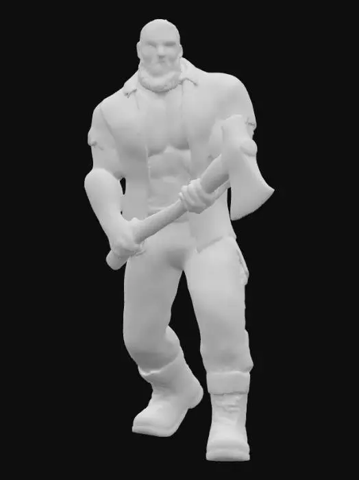 3D model for Object: muscular male woodcutter character, human figure
Material: realistic human skin, coarse fabric shirt (open), rugged leather boots, durable fabric pants
Shape/Form: very muscular, broad chest, strong arms, thick legs, average height
Color Scheme: tanned skin, faded plaid or denim shirt, dark tight work pants, worn brown or black boots
Texture Details: very hairy chest and arms, beard with short scruff, sweaty skin sheen, dirt and wood dust on pants, scuffed boots, slightly frayed shirt edges
Style: realistic PBR
Environment/Use Context: chopping wood in a forest setting, holding or swinging an axe, surrounded by logs
Facial Expression/Pose: intense working expression or determined smile, open shirt exposing hairy chest, strong grip on axe, sweat visible on forehead and chest