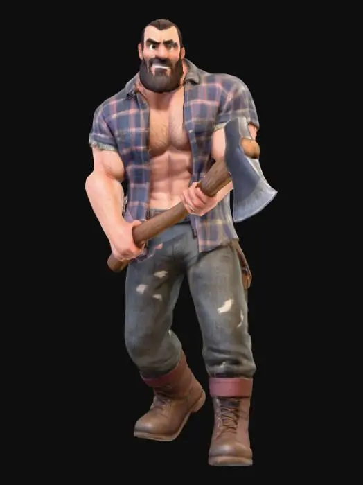 3D model for Object: muscular male woodcutter character, human figure
Material: realistic human skin, coarse fabric shirt (open), rugged leather boots, durable fabric pants
Shape/Form: very muscular, broad chest, strong arms, thick legs, average height
Color Scheme: tanned skin, faded plaid or denim shirt, dark tight work pants, worn brown or black boots
Texture Details: very hairy chest and arms, beard with short scruff, sweaty skin sheen, dirt and wood dust on pants, scuffed boots, slightly frayed shirt edges
Style: realistic PBR
Environment/Use Context: chopping wood in a forest setting, holding or swinging an axe, surrounded by logs
Facial Expression/Pose: intense working expression or determined smile, open shirt exposing hairy chest, strong grip on axe, sweat visible on forehead and chest