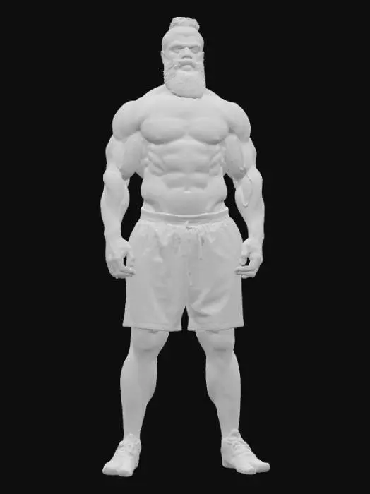 3D model for "Object": "Muscular African male weightlifter",
  "Material": "Skin, body hair, coarse beard hair, minimal cloth (cloth wraps or shorts)",
  "Shape/Form": "Tall, heavily muscled body with broad shoulders, thick arms, defined chest and legs",
  "Color Scheme": "Deep brown skin tone, dark black hair and beard, dark or muted cloth color",
  "Texture Details": "Hairy chest and arms, rough skin detail with veins, realistic beard texture, smooth cloth fabric",
  "Style": "Realistic",
  "Environment/Use Context": "Standing in a gym or competition stage",
  "Reference Models": "Similar to Olympic weightlifters, naturalistic proportion like bodybuilding statues"