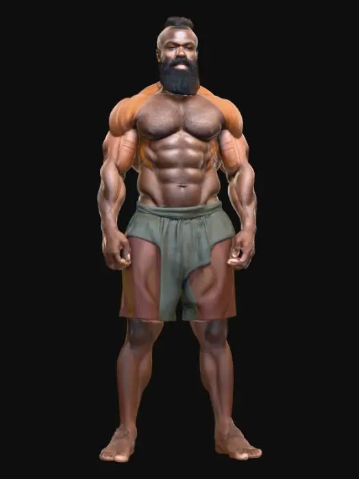 3D model for "Object": "Muscular African male weightlifter",
  "Material": "Skin, body hair, coarse beard hair, minimal cloth (cloth wraps or shorts)",
  "Shape/Form": "Tall, heavily muscled body with broad shoulders, thick arms, defined chest and legs",
  "Color Scheme": "Deep brown skin tone, dark black hair and beard, dark or muted cloth color",
  "Texture Details": "Hairy chest and arms, rough skin detail with veins, realistic beard texture, smooth cloth fabric",
  "Style": "Realistic",
  "Environment/Use Context": "Standing in a gym or competition stage",
  "Reference Models": "Similar to Olympic weightlifters, naturalistic proportion like bodybuilding statues"