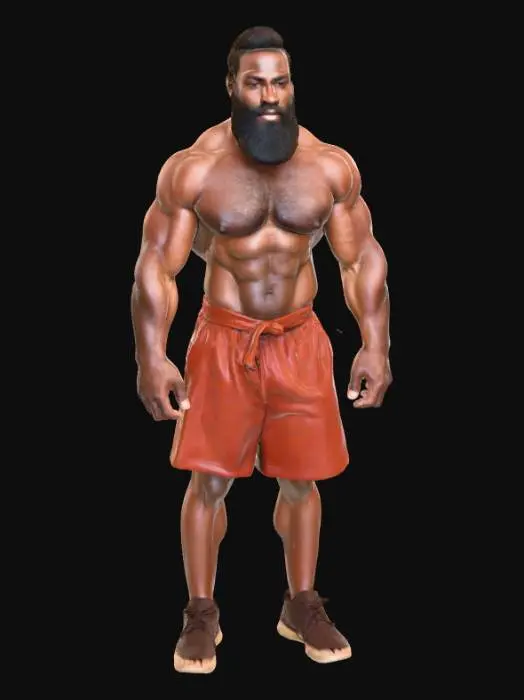 3D model for "Object": "Muscular African male weightlifter",
  "Material": "Skin, body hair, coarse beard hair, minimal cloth (cloth wraps or shorts)",
  "Shape/Form": "Tall, heavily muscled body with broad shoulders, thick arms, defined chest and legs",
  "Color Scheme": "Deep brown skin tone, dark black hair and beard, dark or muted cloth color",
  "Texture Details": "Hairy chest and arms, rough skin detail with veins, realistic beard texture, smooth cloth fabric",
  "Style": "Realistic",
  "Environment/Use Context": "Standing in a gym or competition stage",
  "Reference Models": "Similar to Olympic weightlifters, naturalistic proportion like bodybuilding statues"