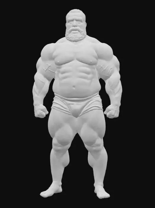 3D model for "Object": "Muscular African male weightlifter",
  "Material": "Skin, body hair, coarse beard hair, minimal cloth (cloth wraps or shorts)",
  "Shape/Form": "Tall, heavily muscled body with broad shoulders, thick arms, defined chest and legs",
  "Color Scheme": "Deep brown skin tone, dark black hair and beard, dark or muted cloth color",
  "Texture Details": "Hairy chest and arms, rough skin detail with veins, realistic beard texture, smooth cloth fabric",
  "Style": "Realistic",
  "Environment/Use Context": "Standing in a gym or competition stage",
  "Reference Models": "Similar to Olympic weightlifters, naturalistic proportion like bodybuilding statues"