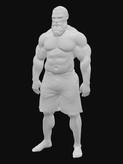 3D model for "Object": "Muscular African male weightlifter",
  "Material": "Skin, body hair, coarse beard hair, minimal cloth (cloth wraps or shorts)",
  "Shape/Form": "Tall, heavily muscled body with broad shoulders, thick arms, defined chest and legs",
  "Color Scheme": "Deep brown skin tone, dark black hair and beard, dark or muted cloth color",
  "Texture Details": "Hairy chest and arms, rough skin detail with veins, realistic beard texture, smooth cloth fabric",
  "Style": "Realistic",
  "Environment/Use Context": "Standing in a gym or competition stage",
  "Reference Models": "Similar to Olympic weightlifters, naturalistic proportion like bodybuilding statues"