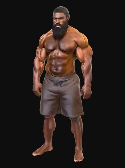 3D model for "Object": "Muscular African male weightlifter",
  "Material": "Skin, body hair, coarse beard hair, minimal cloth (cloth wraps or shorts)",
  "Shape/Form": "Tall, heavily muscled body with broad shoulders, thick arms, defined chest and legs",
  "Color Scheme": "Deep brown skin tone, dark black hair and beard, dark or muted cloth color",
  "Texture Details": "Hairy chest and arms, rough skin detail with veins, realistic beard texture, smooth cloth fabric",
  "Style": "Realistic",
  "Environment/Use Context": "Standing in a gym or competition stage",
  "Reference Models": "Similar to Olympic weightlifters, naturalistic proportion like bodybuilding statues"