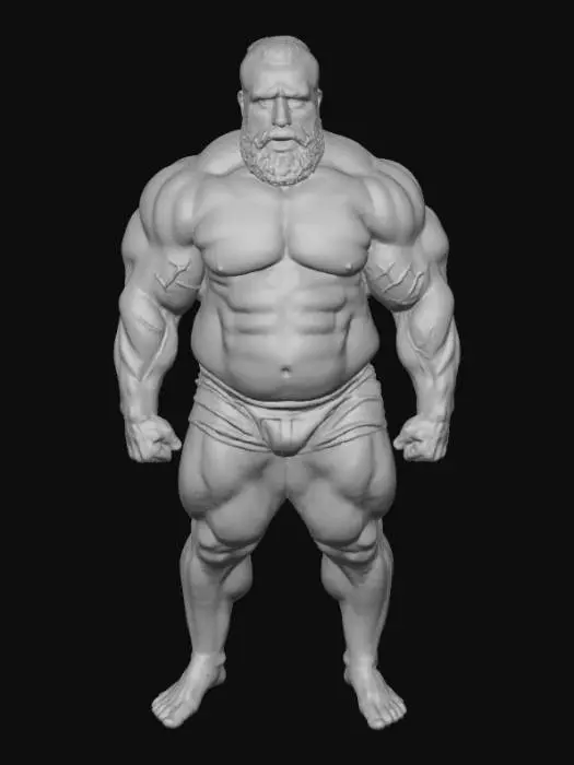 3D model for "Object": "Muscular African male weightlifter",
  "Material": "Skin, body hair, coarse beard hair, minimal cloth (cloth wraps or shorts)",
  "Shape/Form": "Tall, heavily muscled body with broad shoulders, thick arms, defined chest and legs",
  "Color Scheme": "Deep brown skin tone, dark black hair and beard, dark or muted cloth color",
  "Texture Details": "Hairy chest and arms, rough skin detail with veins, realistic beard texture, smooth cloth fabric",
  "Style": "Realistic",
  "Environment/Use Context": "Standing in a gym or competition stage",
  "Reference Models": "Similar to Olympic weightlifters, naturalistic proportion like bodybuilding statues"