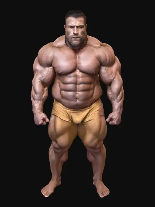 3D model for "Object": "Muscular African male weightlifter",
  "Material": "Skin, body hair, coarse beard hair, minimal cloth (cloth wraps or shorts)",
  "Shape/Form": "Tall, heavily muscled body with broad shoulders, thick arms, defined chest and legs",
  "Color Scheme": "Deep brown skin tone, dark black hair and beard, dark or muted cloth color",
  "Texture Details": "Hairy chest and arms, rough skin detail with veins, realistic beard texture, smooth cloth fabric",
  "Style": "Realistic",
  "Environment/Use Context": "Standing in a gym or competition stage",
  "Reference Models": "Similar to Olympic weightlifters, naturalistic proportion like bodybuilding statues"