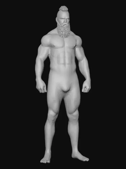 3D model for #villain#, a lot of tattoos, blue hair and beard. blue illuminated underwear. orange illuminated skin