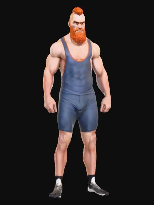3D model for #villain#, a lot of tattoos, blue hair and beard. blue illuminated underwear. orange illuminated skin