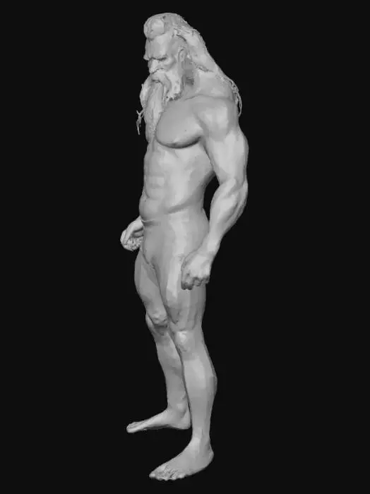 3D model for #villain#, a lot of tattoos, blue hair and beard. blue illuminated underwear. orange illuminated skin