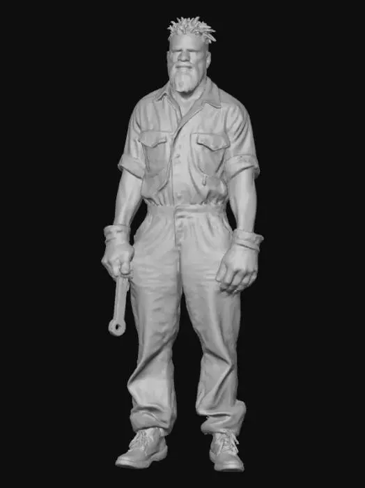 3D model for Ultra-detailed 3D model of a 25-year-old West African male, rugged and charismatic, with unkempt black beard and deep black eyes. Wears a greasy light blue mechanic jumpsuit, sleeves rolled up, chest unzipped, revealing a bare hairy chest. His expression is serious but friendly. Clothing features visible stitching, oil stains, and fabric wrinkles. Character has a very muscular build, worn leather gloves in one hand, and a wrench tucked in his belt. Inspired by GTA 6 aesthetics. Game-ready, 8K PBR textures, clean UVs, high facial and fabric detail. Cinematic pose, optimized for animation and rendering.