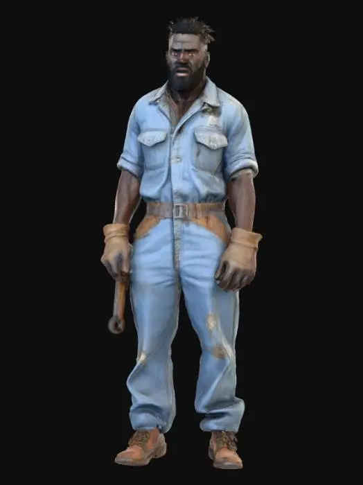 3D model for Ultra-detailed 3D model of a 25-year-old West African male, rugged and charismatic, with unkempt black beard and deep black eyes. Wears a greasy light blue mechanic jumpsuit, sleeves rolled up, chest unzipped, revealing a bare hairy chest. His expression is serious but friendly. Clothing features visible stitching, oil stains, and fabric wrinkles. Character has a very muscular build, worn leather gloves in one hand, and a wrench tucked in his belt. Inspired by GTA 6 aesthetics. Game-ready, 8K PBR textures, clean UVs, high facial and fabric detail. Cinematic pose, optimized for animation and rendering.