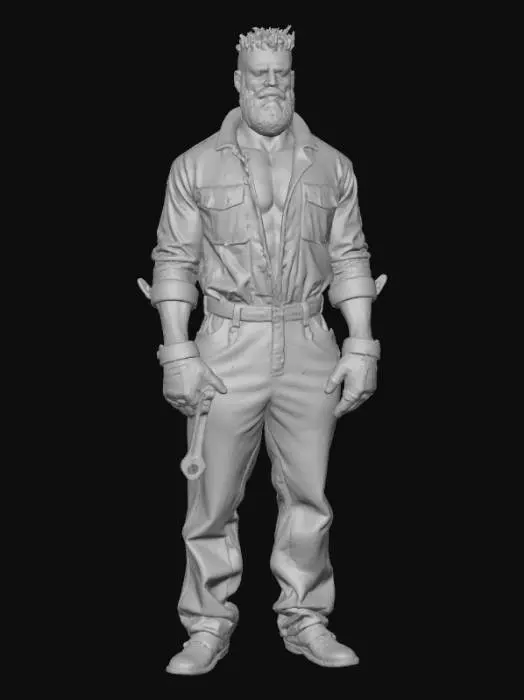 3D model for Ultra-detailed 3D model of a 25-year-old West African male, rugged and charismatic, with unkempt black beard and deep black eyes. Wears a greasy light blue mechanic jumpsuit, sleeves rolled up, chest unzipped, revealing a bare hairy chest. His expression is serious but friendly. Clothing features visible stitching, oil stains, and fabric wrinkles. Character has a very muscular build, worn leather gloves in one hand, and a wrench tucked in his belt. Inspired by GTA 6 aesthetics. Game-ready, 8K PBR textures, clean UVs, high facial and fabric detail. Cinematic pose, optimized for animation and rendering.