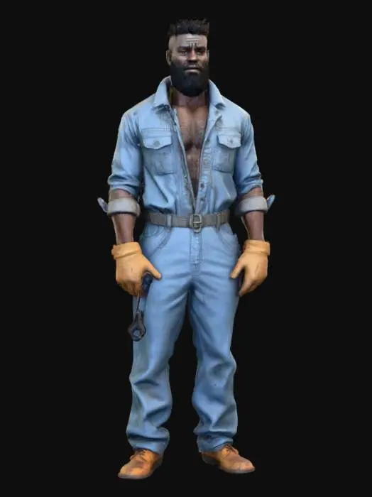 3D model for Ultra-detailed 3D model of a 25-year-old West African male, rugged and charismatic, with unkempt black beard and deep black eyes. Wears a greasy light blue mechanic jumpsuit, sleeves rolled up, chest unzipped, revealing a bare hairy chest. His expression is serious but friendly. Clothing features visible stitching, oil stains, and fabric wrinkles. Character has a very muscular build, worn leather gloves in one hand, and a wrench tucked in his belt. Inspired by GTA 6 aesthetics. Game-ready, 8K PBR textures, clean UVs, high facial and fabric detail. Cinematic pose, optimized for animation and rendering.