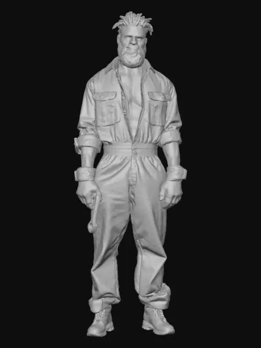 3D model for Ultra-detailed 3D model of a 25-year-old West African male, rugged and charismatic, with unkempt black beard and deep black eyes. Wears a greasy light blue mechanic jumpsuit, sleeves rolled up, chest unzipped, revealing a bare hairy chest. His expression is serious but friendly. Clothing features visible stitching, oil stains, and fabric wrinkles. Character has a very muscular build, worn leather gloves in one hand, and a wrench tucked in his belt. Inspired by GTA 6 aesthetics. Game-ready, 8K PBR textures, clean UVs, high facial and fabric detail. Cinematic pose, optimized for animation and rendering.