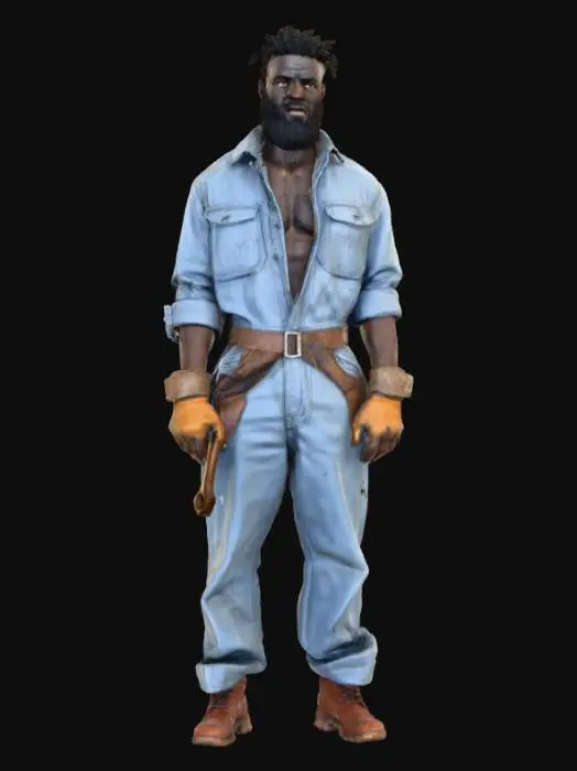 3D model for Ultra-detailed 3D model of a 25-year-old West African male, rugged and charismatic, with unkempt black beard and deep black eyes. Wears a greasy light blue mechanic jumpsuit, sleeves rolled up, chest unzipped, revealing a bare hairy chest. His expression is serious but friendly. Clothing features visible stitching, oil stains, and fabric wrinkles. Character has a very muscular build, worn leather gloves in one hand, and a wrench tucked in his belt. Inspired by GTA 6 aesthetics. Game-ready, 8K PBR textures, clean UVs, high facial and fabric detail. Cinematic pose, optimized for animation and rendering.