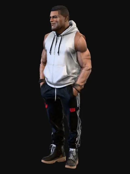 3D model for a strong black man. he is unshaved and friendly looking. he wears a hoodie with cut off arms. the hoodie is white. he is unshaved. he wears a dark blue jogging pants with red applications and black doc-martins boots. the sceanery is outside in a lost industry area. the guy belongs to a graffiti crew