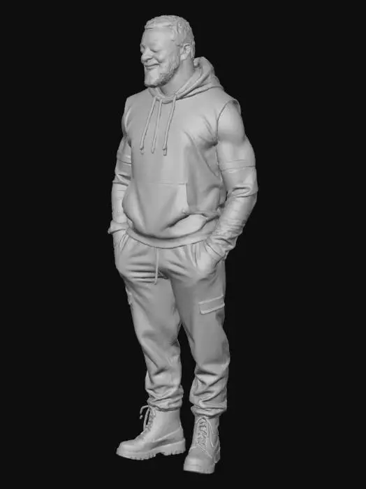 3D model for a strong black man. he is unshaved and friendly looking. he wears a hoodie with cut off arms. the hoodie is white. he is unshaved. he wears a dark blue jogging pants with red applications and black doc-martins boots. the sceanery is outside in a lost industry area. the guy belongs to a graffiti crew