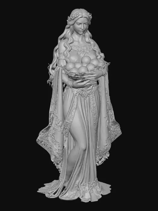 3D model for Freia - Figur aus der Oper Rheingold
Göttin der Jugend und Schönheit. Ihre goldenen Äpfel erhalten die Götter; ihr Verlust bedeutet den Anfang vom Ende.
Zart und jugendlich, in hellen, fließenden Gewändern (Weiß/Gold). Sie trägt oft einen Korb mit den roten Äpfeln.