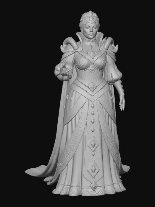 3D model for Fricka - Figur aus der Oper Rheingold.
Göttin der Ehe und Wotans Gemahlin. Sie wacht über Sitte und Moral, ist jedoch machtlos gegen Wotans Regelbrüche.
Würdevoll und ernst, in prächtigen, strengen Gewändern (Violett/Dunkelblau). Ihre Haltung ist fordernd und kritisch.