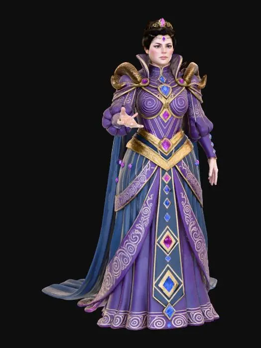 3D model for Fricka - Figur aus der Oper Rheingold.
Göttin der Ehe und Wotans Gemahlin. Sie wacht über Sitte und Moral, ist jedoch machtlos gegen Wotans Regelbrüche.
Würdevoll und ernst, in prächtigen, strengen Gewändern (Violett/Dunkelblau). Ihre Haltung ist fordernd und kritisch.