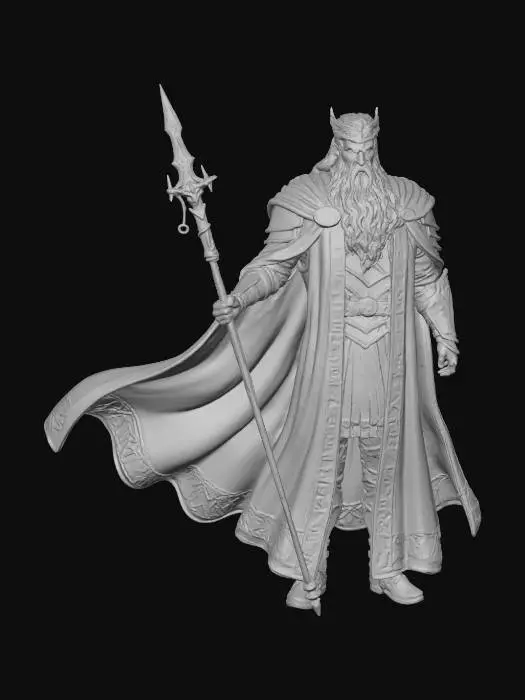 3D model for Wotan - Figur aus der Oper Rheingold.
Göttervater, Hüter der Verträge. Sein Wunsch nach Macht und der Bau von Walhall starten die Ring-Tragödie.
Majestätisch, mit langem Umhang (oft blau/grau) und dem Speer als Zeichen seiner Macht. Wirkt weise, aber auch getrieben.