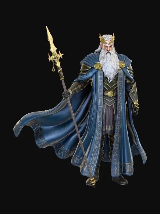 3D model for Wotan - Figur aus der Oper Rheingold.
Göttervater, Hüter der Verträge. Sein Wunsch nach Macht und der Bau von Walhall starten die Ring-Tragödie.
Majestätisch, mit langem Umhang (oft blau/grau) und dem Speer als Zeichen seiner Macht. Wirkt weise, aber auch getrieben.