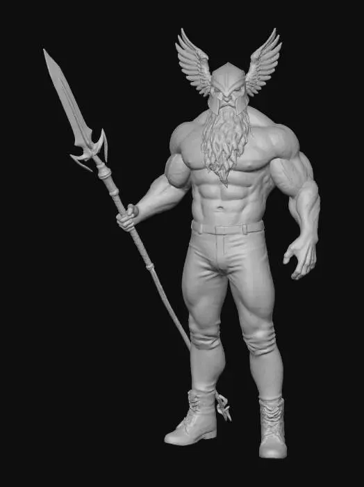 3D model for Wotan  - eine Figur aus Rheingold
Wotan ist ein Anführer der Götter und der Hüter der Verträge. Eine moderne Inzsenierung der Oper zeigt Wotan als halbnackten Bodybuilder. Er trägt eine enge Anzughose und hat einen freien Oberkörper. Er hat einen langen Bart und trägt einen Helm mit Flügeln. In seiner Hand hat er einen Speer, der als Symbol des Wächters der Verträge dient.