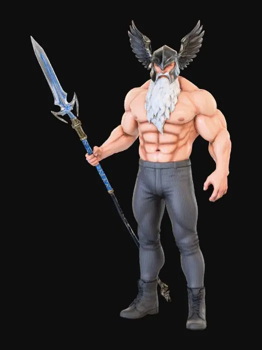 3D model for Wotan  - eine Figur aus Rheingold
Wotan ist ein Anführer der Götter und der Hüter der Verträge. Eine moderne Inzsenierung der Oper zeigt Wotan als halbnackten Bodybuilder. Er trägt eine enge Anzughose und hat einen freien Oberkörper. Er hat einen langen Bart und trägt einen Helm mit Flügeln. In seiner Hand hat er einen Speer, der als Symbol des Wächters der Verträge dient.