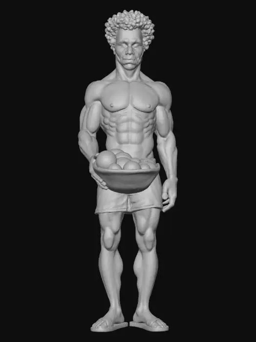 3D model for #Thanksgiving#, Ein sehr starker, fast nackter Mann, der eine Schale mit Äpfeln trägt. Der Mann ist 30 Jahre alt,
Die Textur der Haut ist natürlich. Der Mann ist ein Afrikaner.