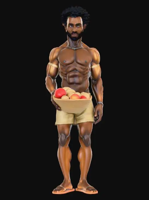 3D model for #Thanksgiving#, Ein sehr starker, fast nackter Mann, der eine Schale mit Äpfeln trägt. Der Mann ist 30 Jahre alt,
Die Textur der Haut ist natürlich. Der Mann ist ein Afrikaner.
