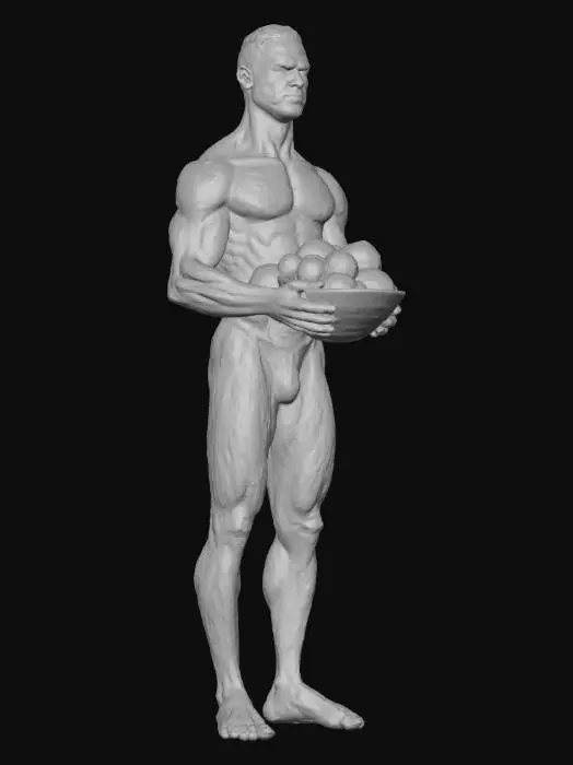 3D model for #Thanksgiving#, Ein sehr starker, fast nackter Mann, der eine Schale mit Äpfeln trägt. Der Mann ist 30 Jahre alt,
Die Textur der Haut ist natürlich. Der Mann ist ein Afrikaner.