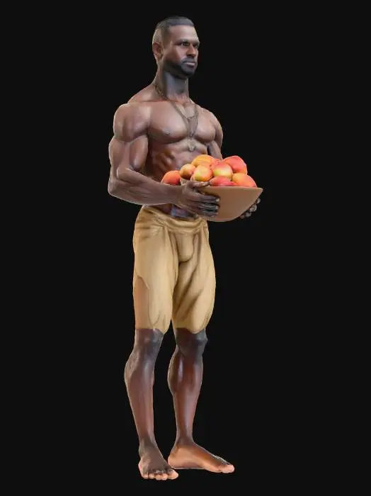 3D model for #Thanksgiving#, Ein sehr starker, fast nackter Mann, der eine Schale mit Äpfeln trägt. Der Mann ist 30 Jahre alt,
Die Textur der Haut ist natürlich. Der Mann ist ein Afrikaner.