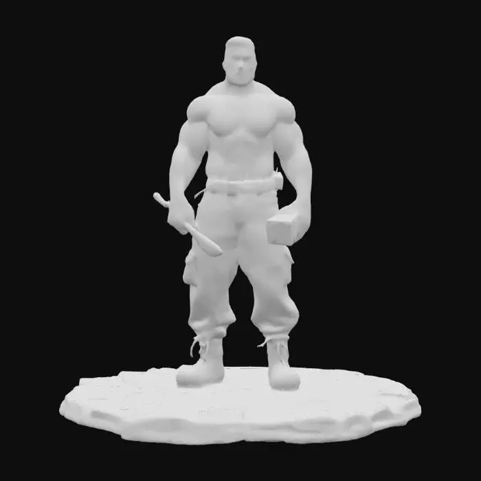 3D model for Object: muscular male bricklayer character, human figure
Material: realistic human skin, coarse fabric for pants, rugged leather for boots
Shape/Form: broad-shouldered, muscular torso, average height, strong forearms
Color Scheme: tanned skin, dark brown work pants, black or dark brown boots
Texture Details: hairy arms and chest, tattooed skin, sweaty skin sheen, worn and dirt-stained pants, scuffed boots
Style: realistic PBR
Environment/Use Context: working on a construction site, holding a trowel or brick, mid-task
Reference Models (optional): inspired by real-world construction workers, gritty realism look