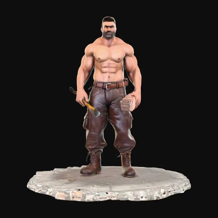 3D model for Object: muscular male bricklayer character, human figure
Material: realistic human skin, coarse fabric for pants, rugged leather for boots
Shape/Form: broad-shouldered, muscular torso, average height, strong forearms
Color Scheme: tanned skin, dark brown work pants, black or dark brown boots
Texture Details: hairy arms and chest, tattooed skin, sweaty skin sheen, worn and dirt-stained pants, scuffed boots
Style: realistic PBR
Environment/Use Context: working on a construction site, holding a trowel or brick, mid-task
Reference Models (optional): inspired by real-world construction workers, gritty realism look
