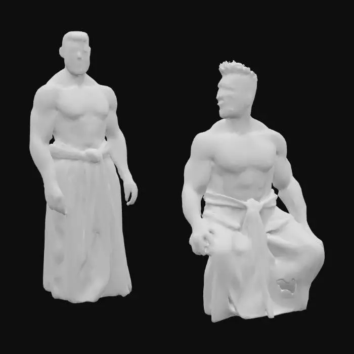 3D model for "Object": "Muscular Turkish men inside a traditional hamam",
  "Material": "Human skin, cotton pestemal (waist towels), marble and brass from hamam interior",
  "Shape/Form": "Athletic male body proportions with defined muscles, wrapped waist towels, some standing, some sitting or working",
  "Color Scheme": "Natural skin tones, white or striped cotton towels, neutral marble tones in background",
  "Texture Details": "Smooth skin with subtle sheen from steam, soft woven cotton fabric, marble surfaces with slight condensation",
  "Style": "Realistic human figures in architectural interior",
  "Environment/Use Context": "Inside a Turkish bathhouse (hamam), steam-filled, some men relaxing, others as attendants pouring water or scrubbing",
  "Reference Models": "Inspired by Ottoman-era hamam"