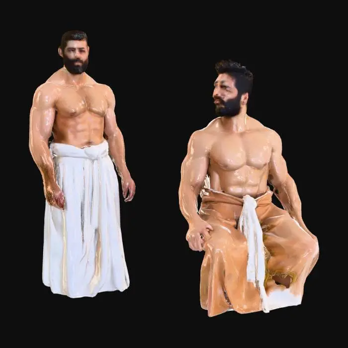 3D model for "Object": "Muscular Turkish men inside a traditional hamam",
  "Material": "Human skin, cotton pestemal (waist towels), marble and brass from hamam interior",
  "Shape/Form": "Athletic male body proportions with defined muscles, wrapped waist towels, some standing, some sitting or working",
  "Color Scheme": "Natural skin tones, white or striped cotton towels, neutral marble tones in background",
  "Texture Details": "Smooth skin with subtle sheen from steam, soft woven cotton fabric, marble surfaces with slight condensation",
  "Style": "Realistic human figures in architectural interior",
  "Environment/Use Context": "Inside a Turkish bathhouse (hamam), steam-filled, some men relaxing, others as attendants pouring water or scrubbing",
  "Reference Models": "Inspired by Ottoman-era hamam"